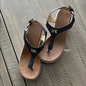 Michael Kors Black and Brown Thong Sandals with Gold MK Accent